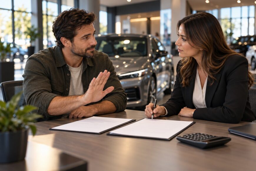A man gesturing while discussing a car purchase contract with a female salesperson at a dealership office