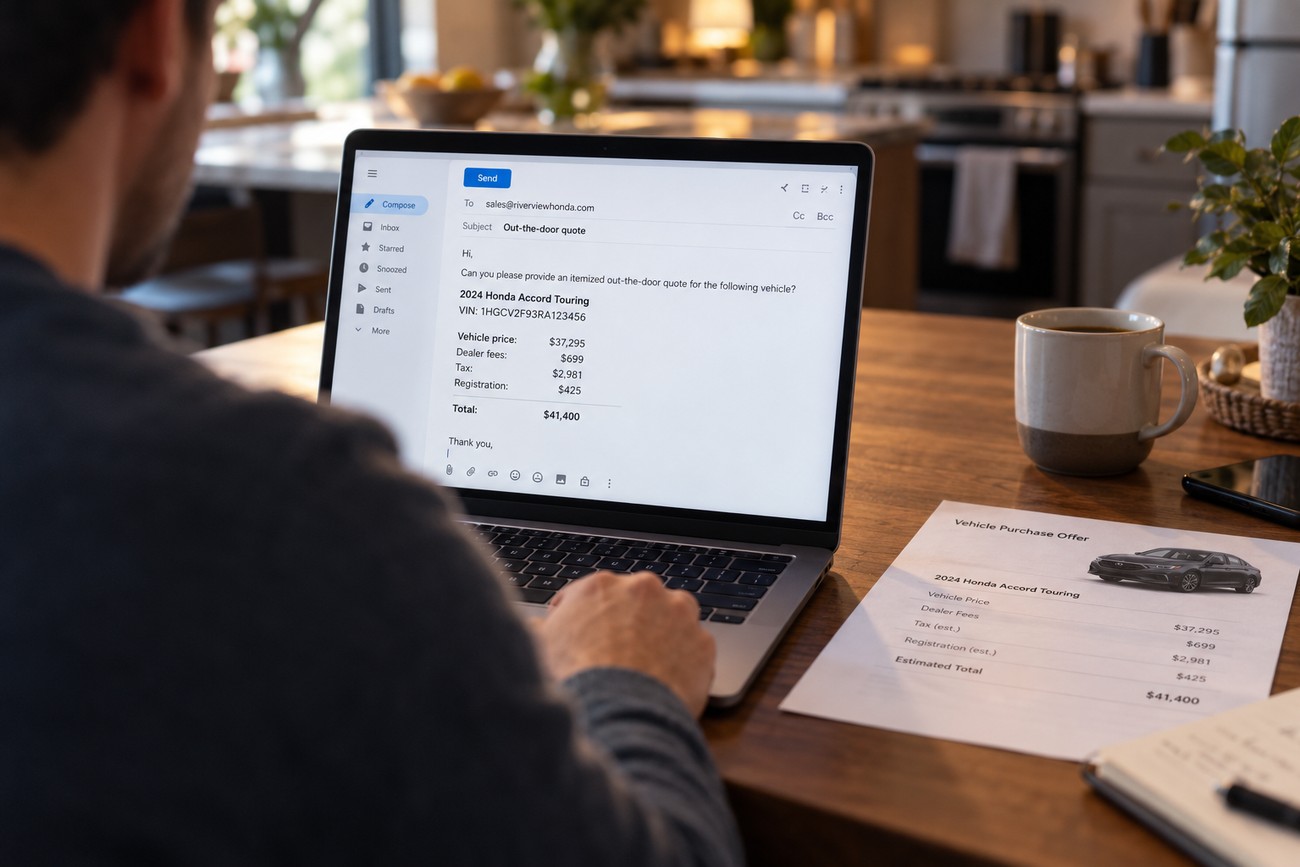 A man typing an email requesting a car price quote on a laptop with a printed vehicle purchase offer on the table