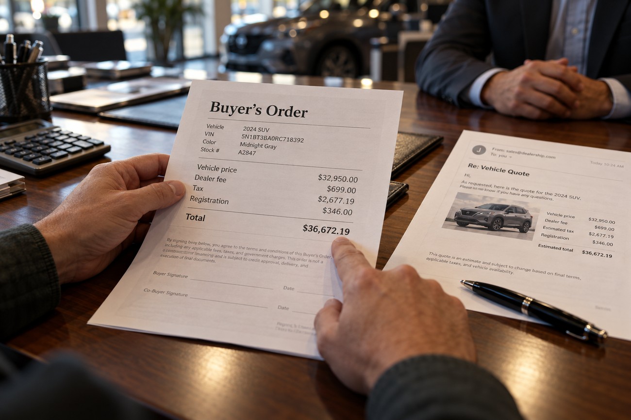Customer holding a car buyer order document and pointing at the total price while sitting across a dealer at a wooden desk