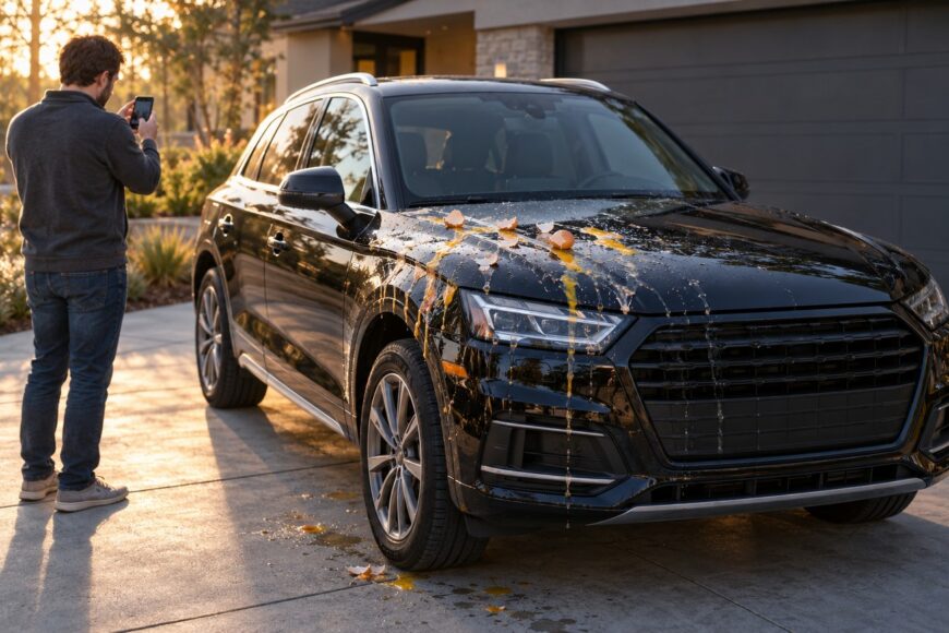 Man taking a picture with his smartphone of a black Audi Q5 covered in broken eggs in a driveway