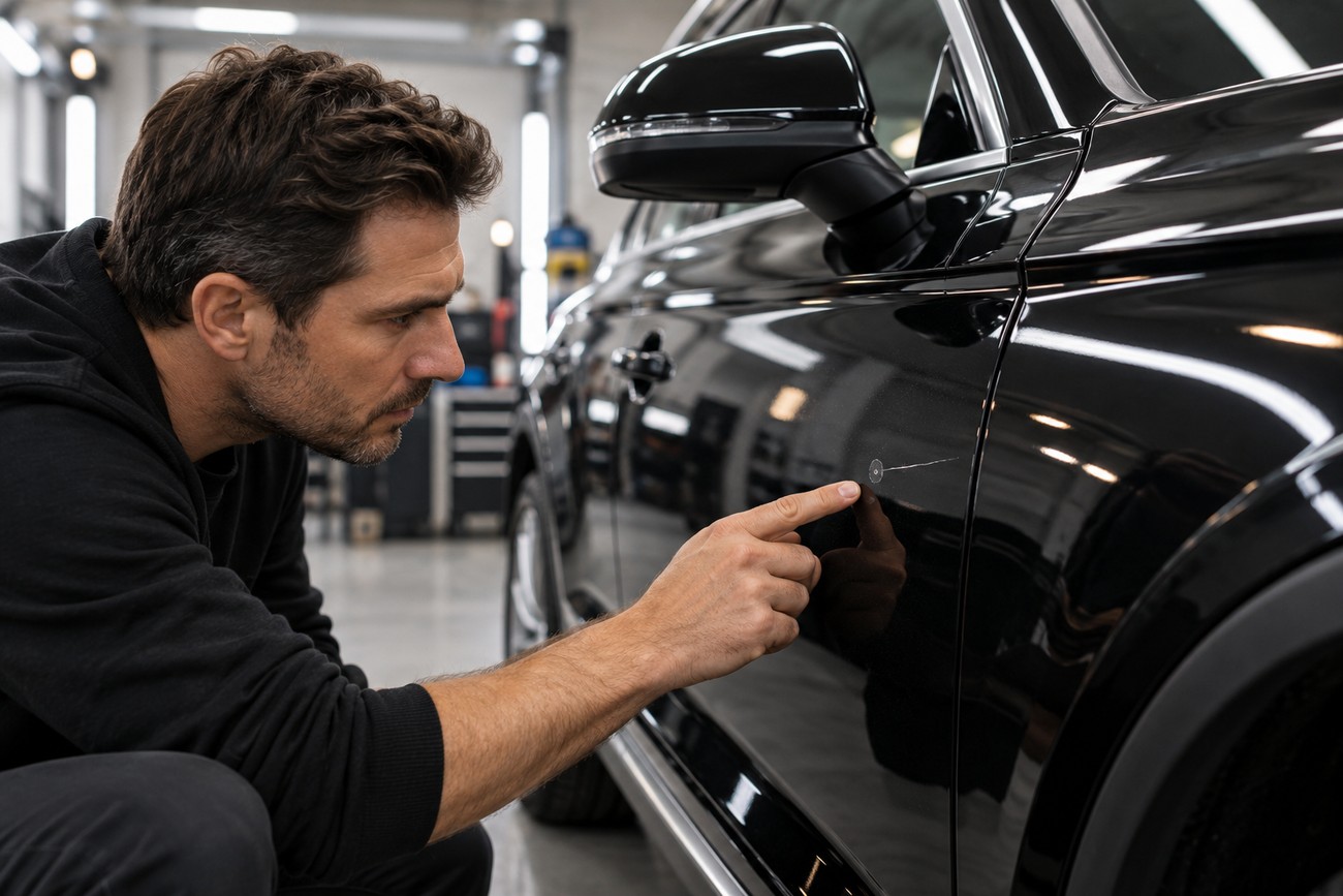 Man pointing at a paint chip and scratch on the side of his black Audi Q5