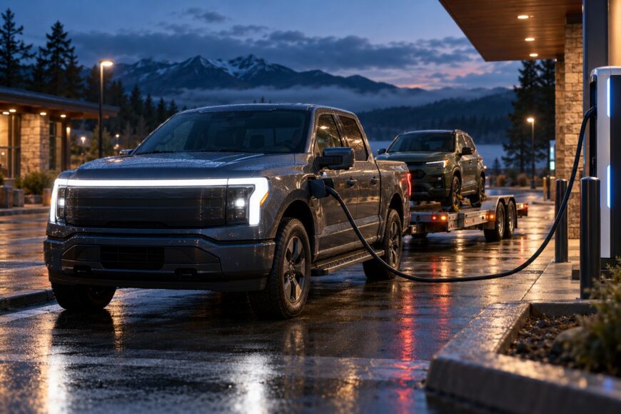 Ford F-150 Lightning electric pickup truck charging at a station while towing a car on a trailer at dusk