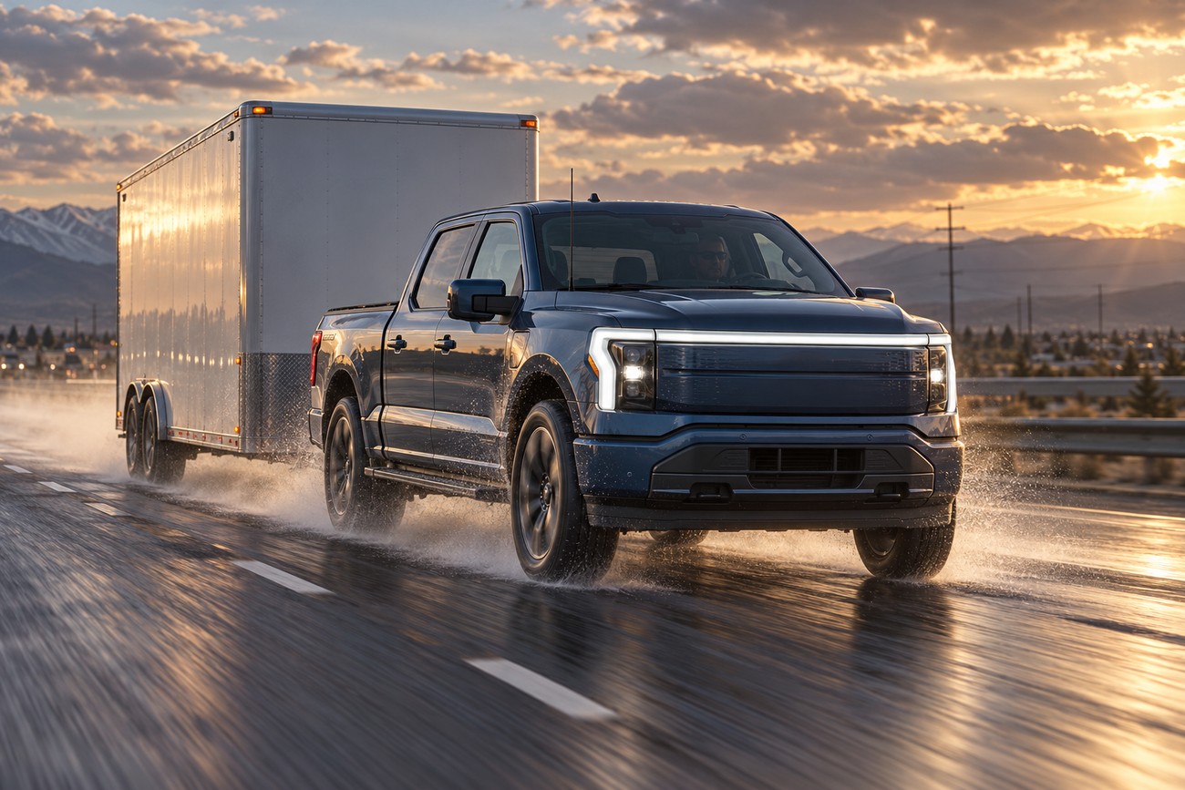 Blue Ford F-150 Lightning electric pickup truck towing a large white enclosed trailer on a wet asphalt highway during a scenic sunset with mountains in the background