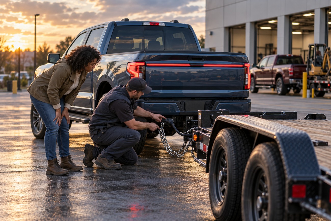 A man connecting safety chains to the trailer hitch of a blue Ford F-150 Lightning while a woman watches