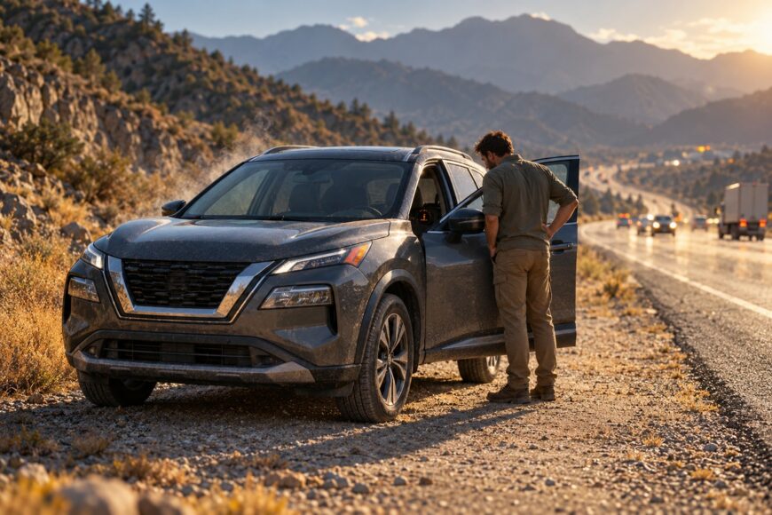 A man stands by the open door of a grey Nissan Rogue parked on a dirt roadside with mountains in the background