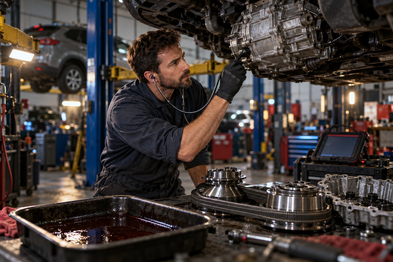 A mechanic in an auto repair shop diagnosing a Nissan Rogue CVT transmission with a stethoscope