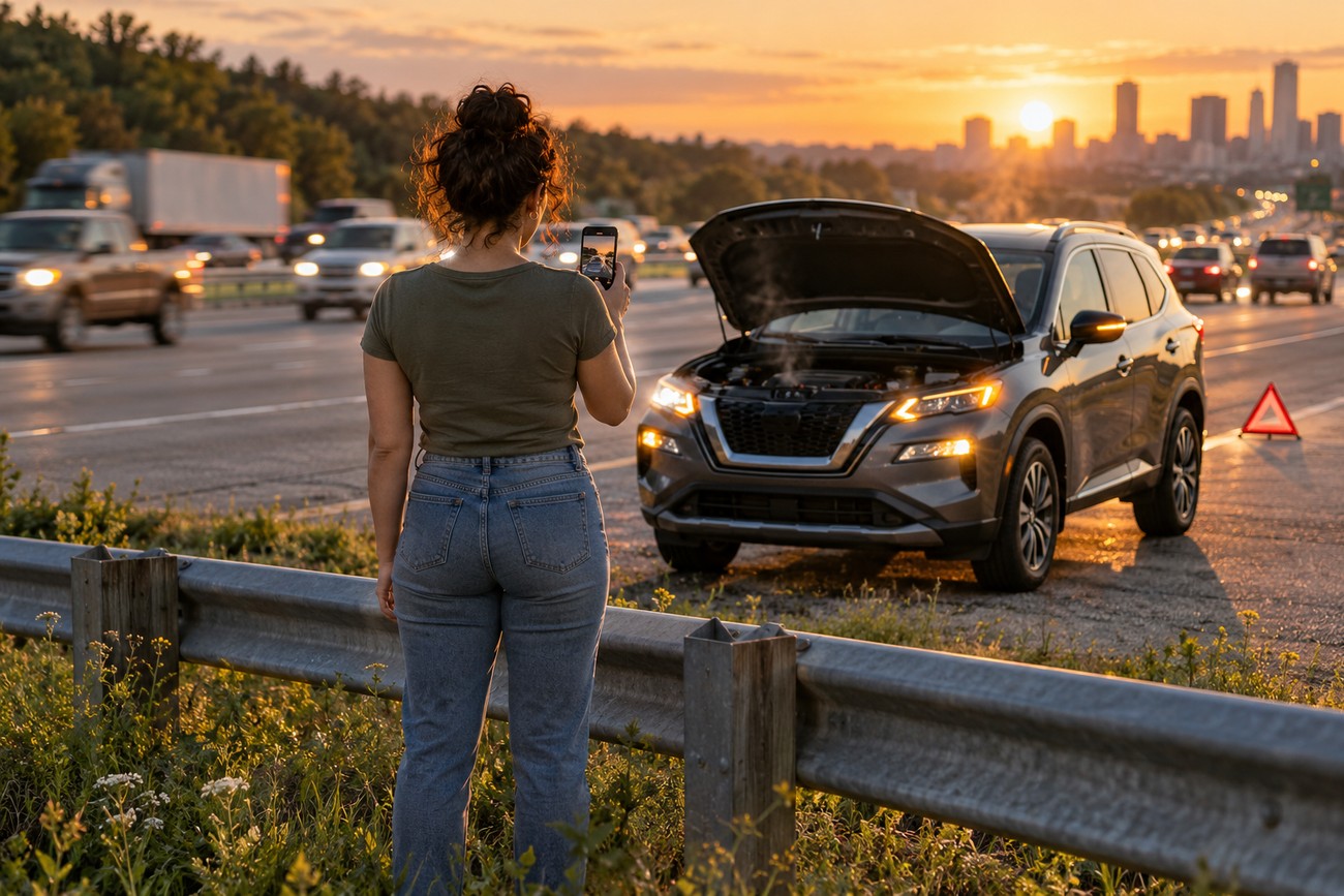 A woman stands behind a guardrail on a busy highway taking a photo of her stalled Nissan Rogue with an open smoking hood during sunset
