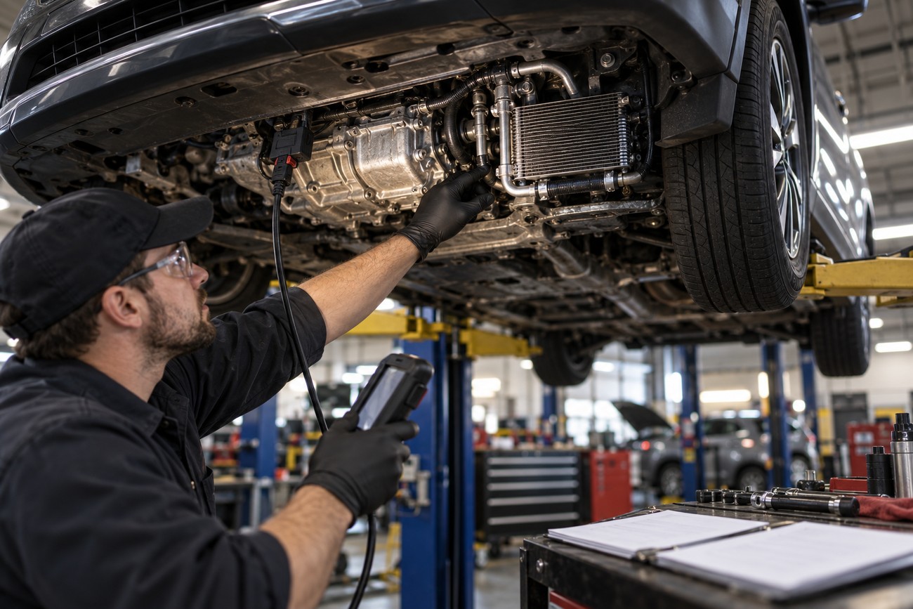 A mechanic in gloves and safety glasses examines the underside and CVT transmission cooler of a lifted Nissan Rogue using a diagnostic tool
