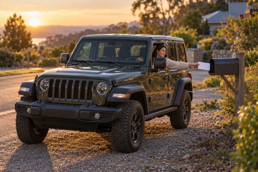 A female mail carrier delivering a letter into a mailbox from a right-hand drive Jeep at sunset