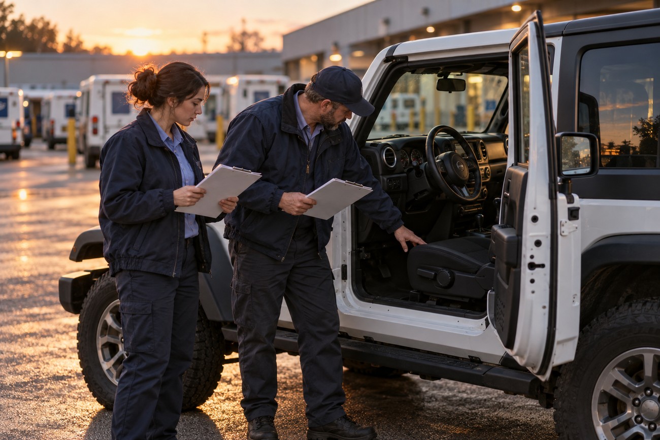 Two postal workers holding clipboards while inspecting the right-hand drive interior of a white Jeep delivery vehicle