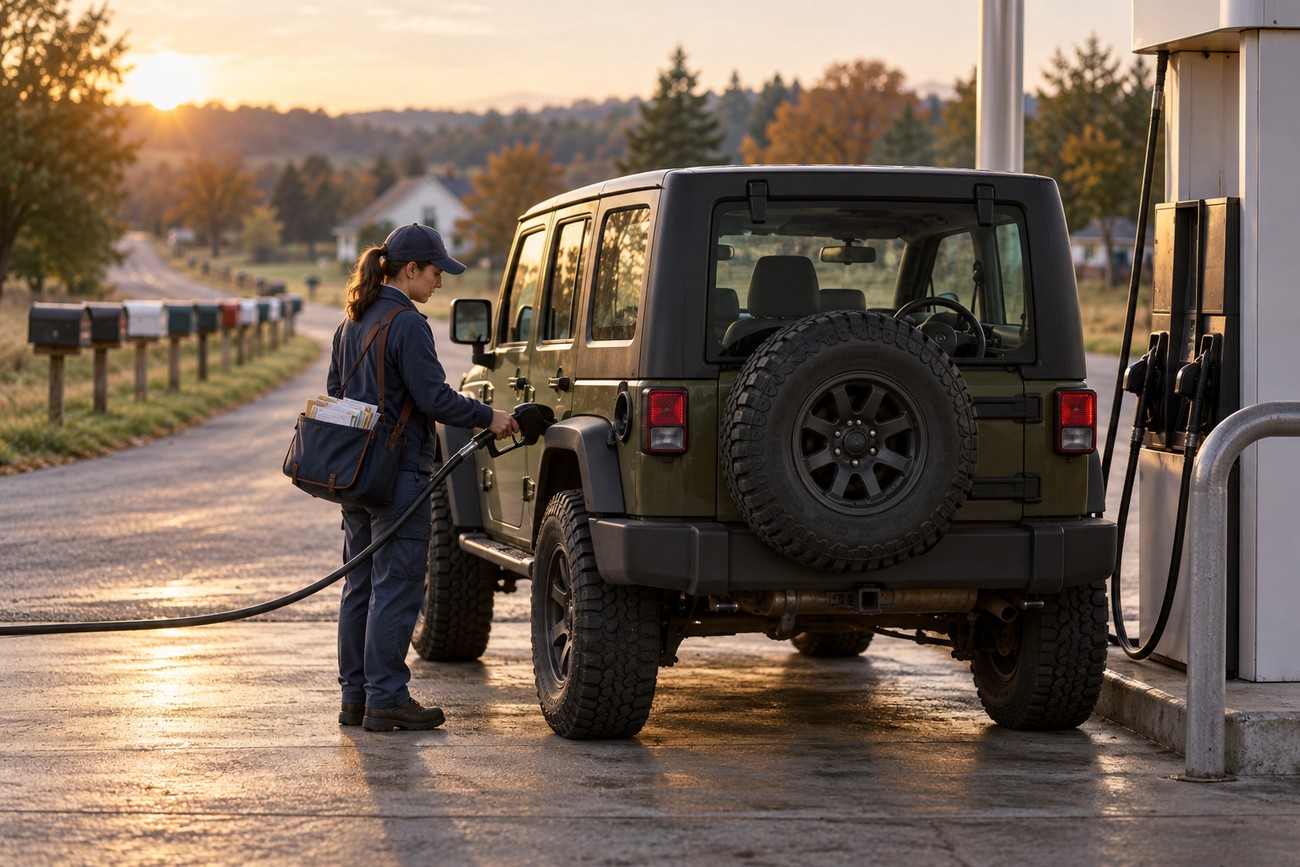 A female mail carrier in uniform fueling a right-hand drive Jeep at a gas station at sunset