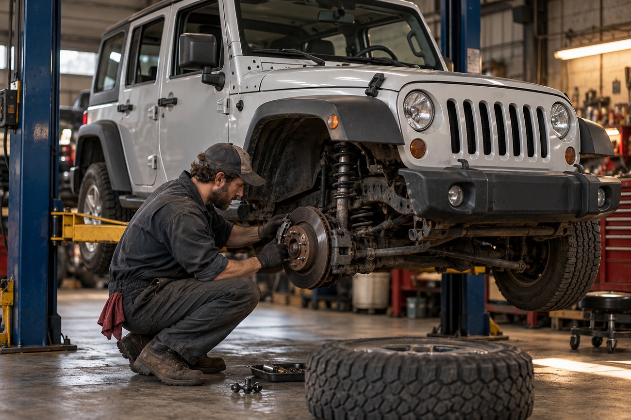 A mechanic in a workshop inspects the brake system of a white mail delivery Jeep lifted on a hydraulic lift