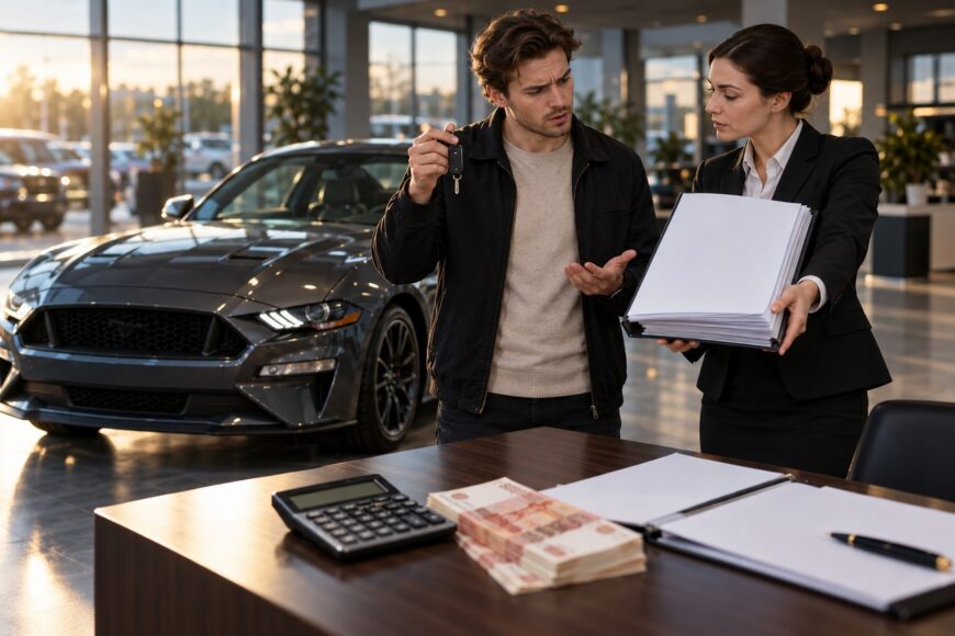 Confused winner holding car keys while a woman in a suit shows him tax documents near a Ford Mustang