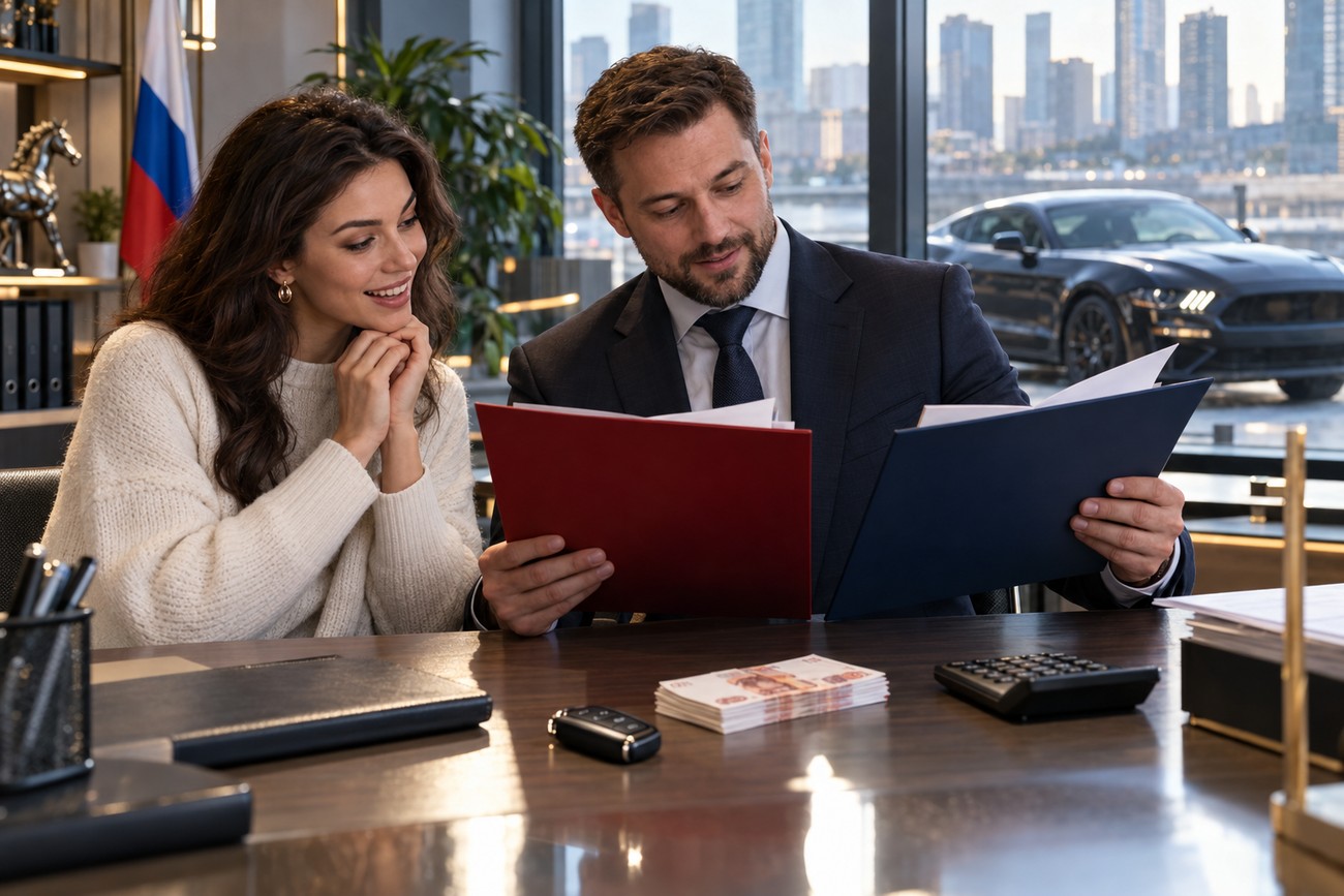 A smiling woman and a man in a suit reviewing tax documents at a desk with a Ford Mustang visible through the window