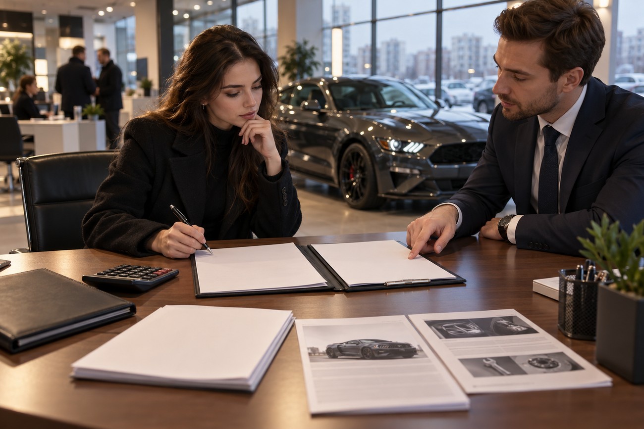 A woman signing tax documents at a desk next to a car salesman with a Ford Mustang parked in the background