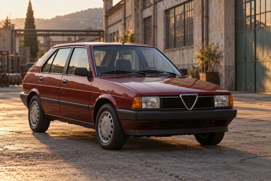 A red vintage Alfa Romeo Arna hatchback parked on a paved lot in front of an industrial building at sunset