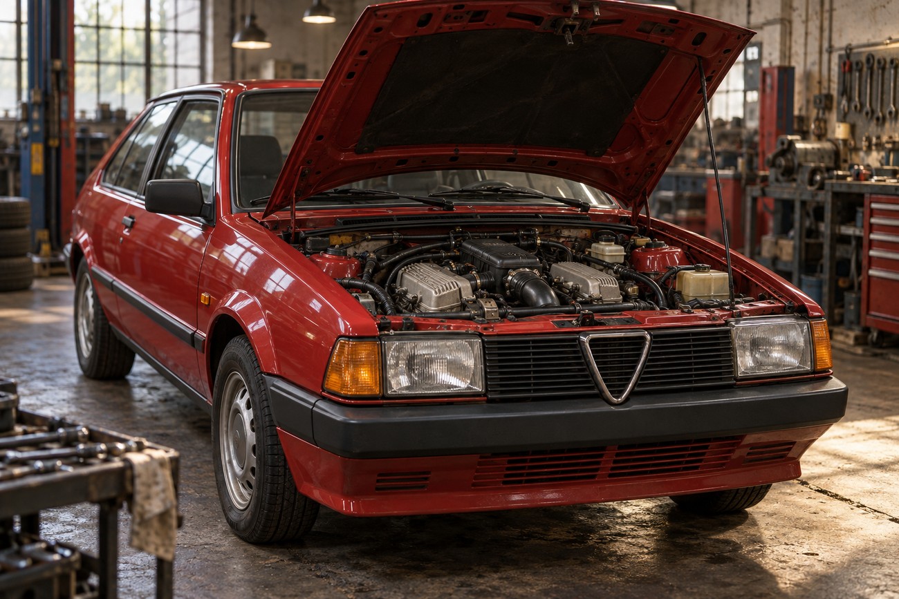 Red Alfa Romeo Arna parked inside a vintage mechanic workshop with the hood open