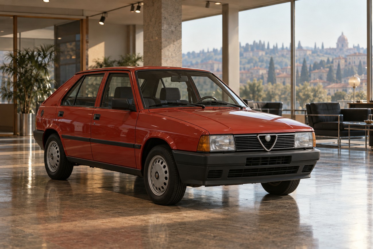 Classic red Alfa Romeo Arna hatchback parked on a polished tiled floor inside a bright showroom