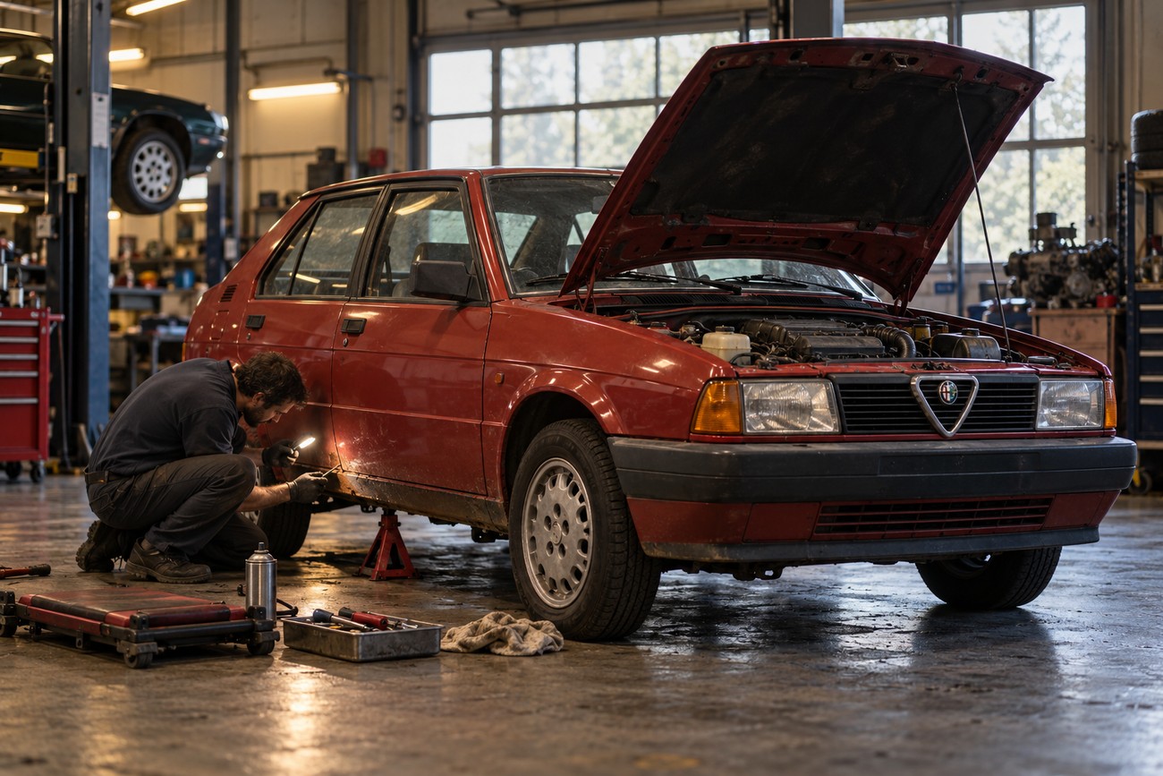 Mechanic kneeling next to a red Alfa Romeo Arna with open hood inside a brightly lit auto repair shop