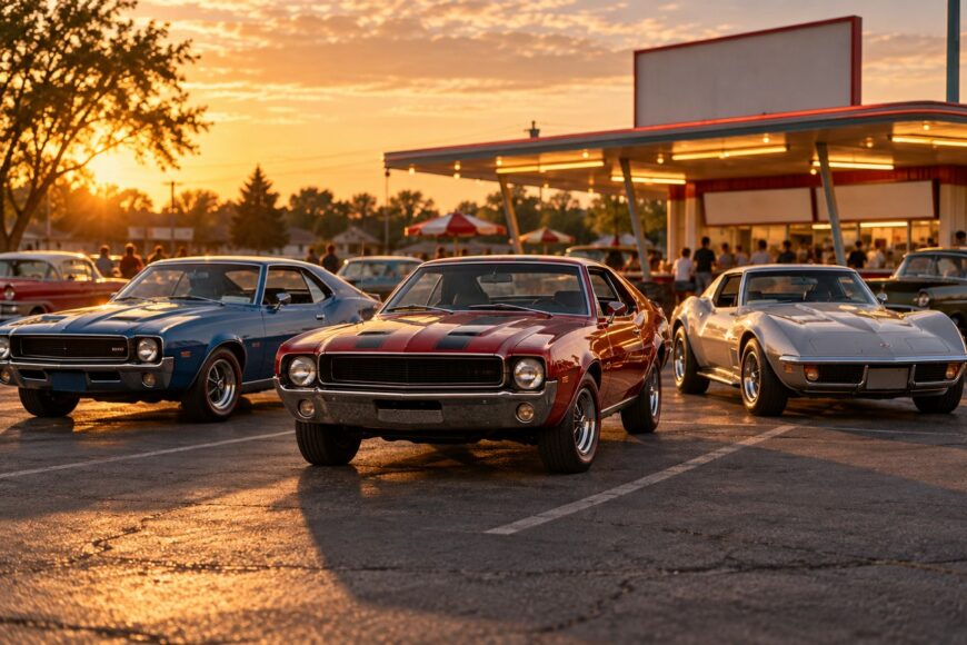 Classic red AMC AMX parked in a row of vintage muscle cars outside a lit diner at sunset