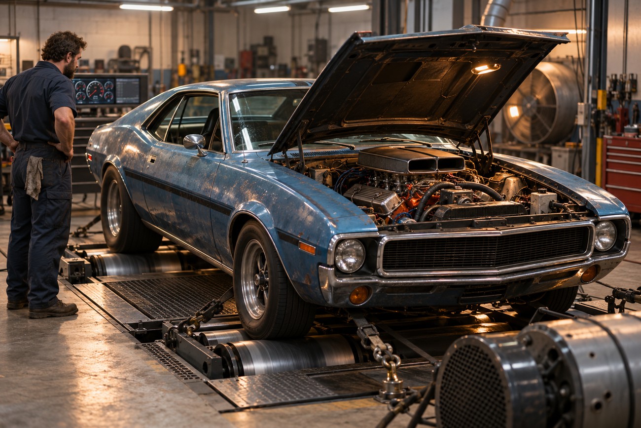 A mechanic watches a blue classic AMC AMX muscle car secured on a dynamometer with its hood open in a repair shop