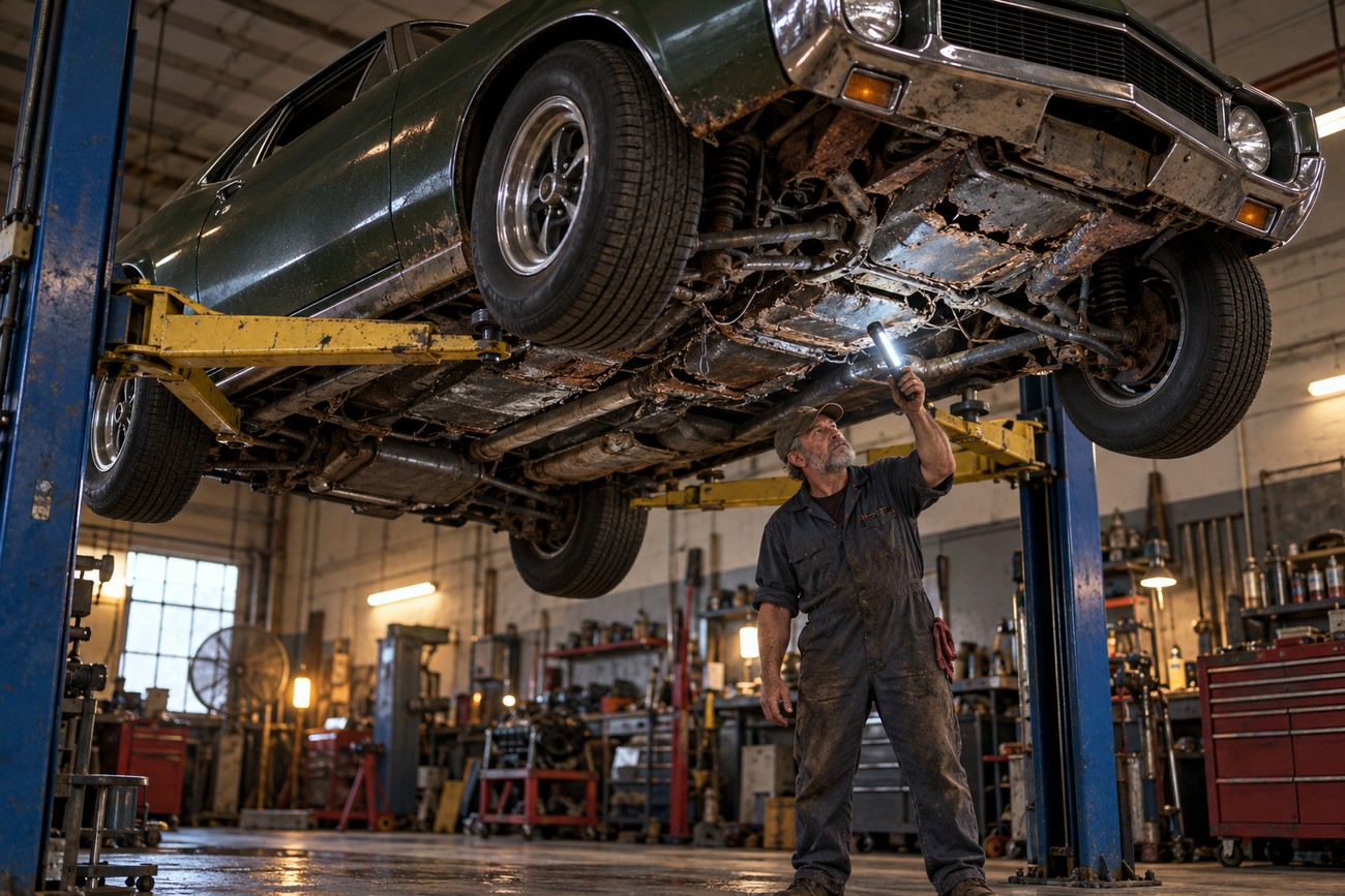 An elderly mechanic holding a flashlight while inspecting the rusty undercarriage of a classic AMC AMX lifted on a hydraulic hoist in a garage