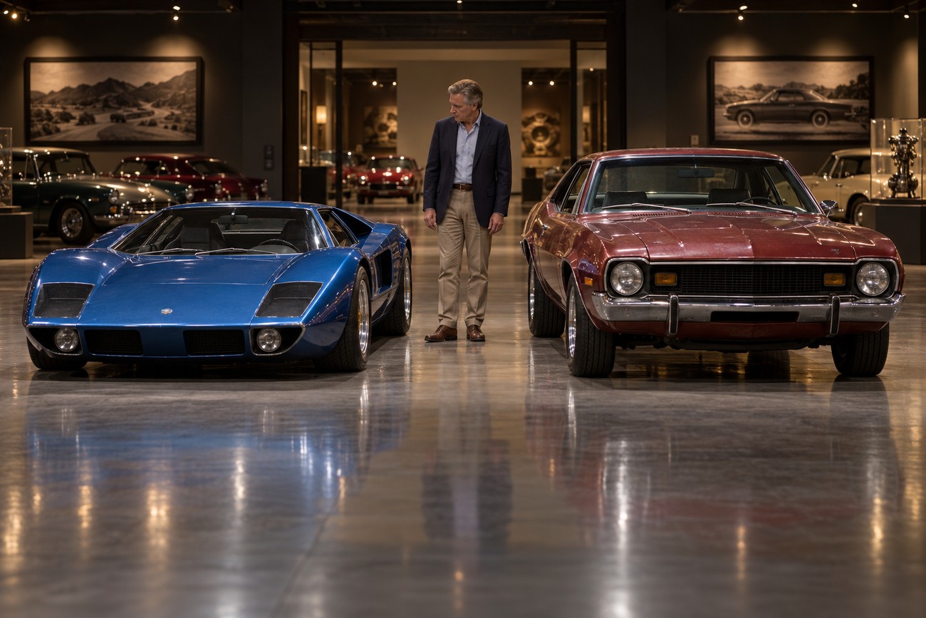 A man in a suit standing between a classic red AMC AMX and a blue sports car in a museum