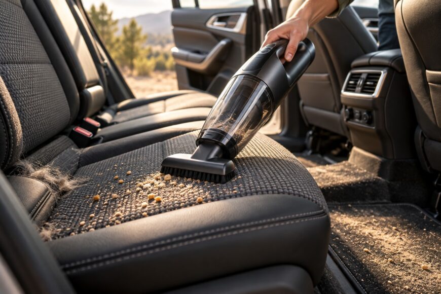 Person using a compact handheld vacuum cleaner to clean crumbs and pet hair from the car backseat
