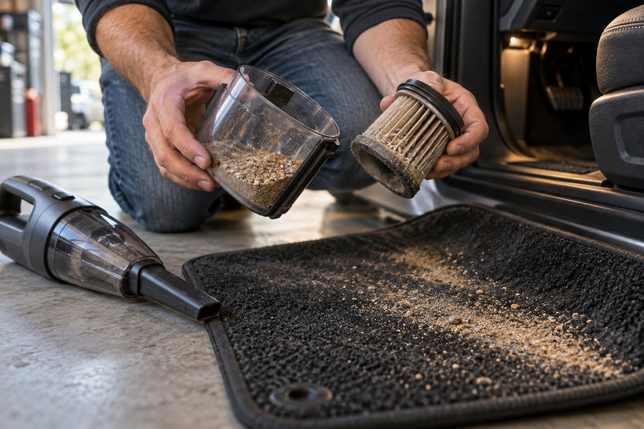 Man holding a dirty filter and a filled dust container from a handheld car vacuum near a dirty floor mat