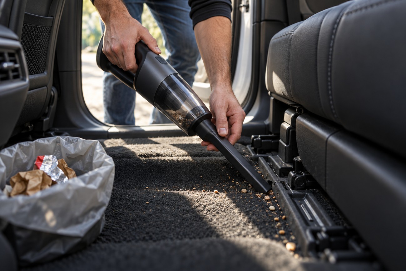 Man using a handheld car vacuum cleaner to clean crumbs from the floor mat inside a vehicle
