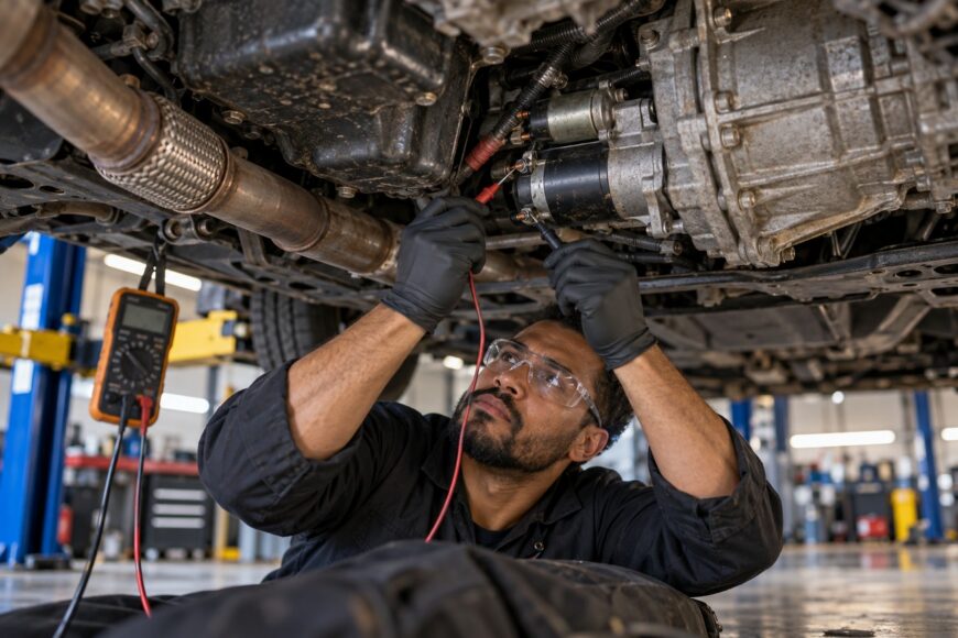 Mechanic in safety glasses and gloves uses a multimeter to test a car starter motor underneath a lifted vehicle
