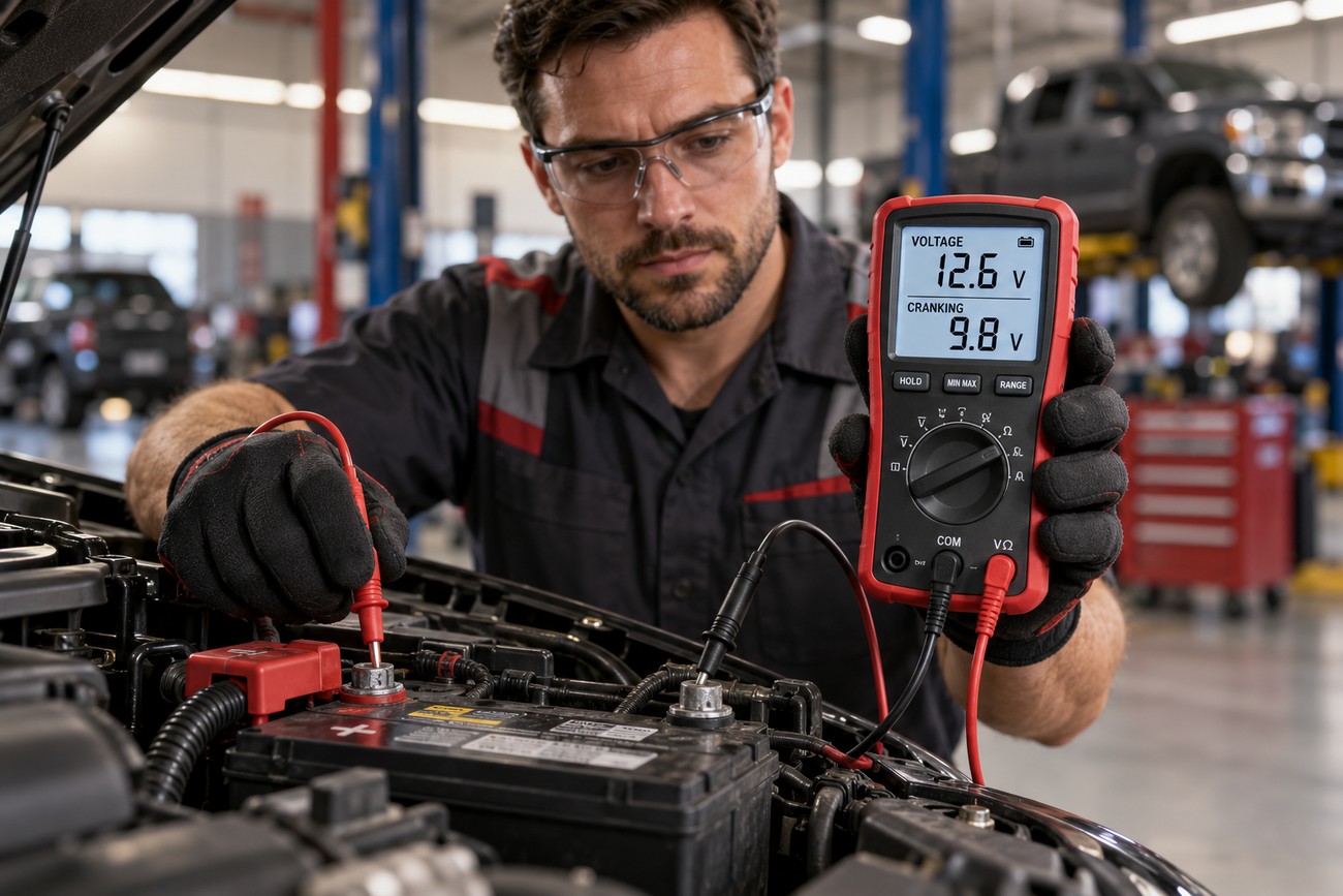 A mechanic in safety glasses uses a digital multimeter to test a car battery while diagnosing a bad starter motor in a workshop