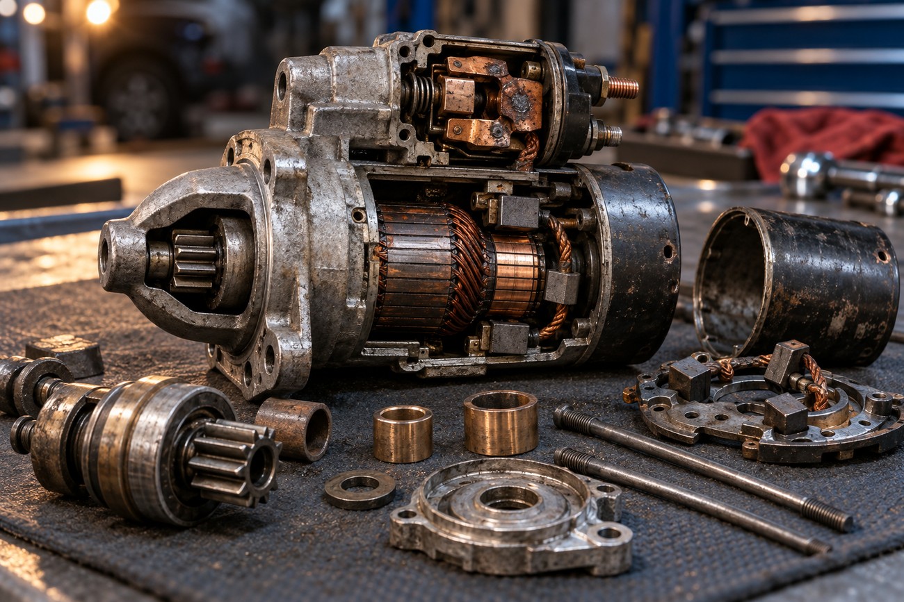 Disassembled car starter motor with visible armature and internal parts on a workbench