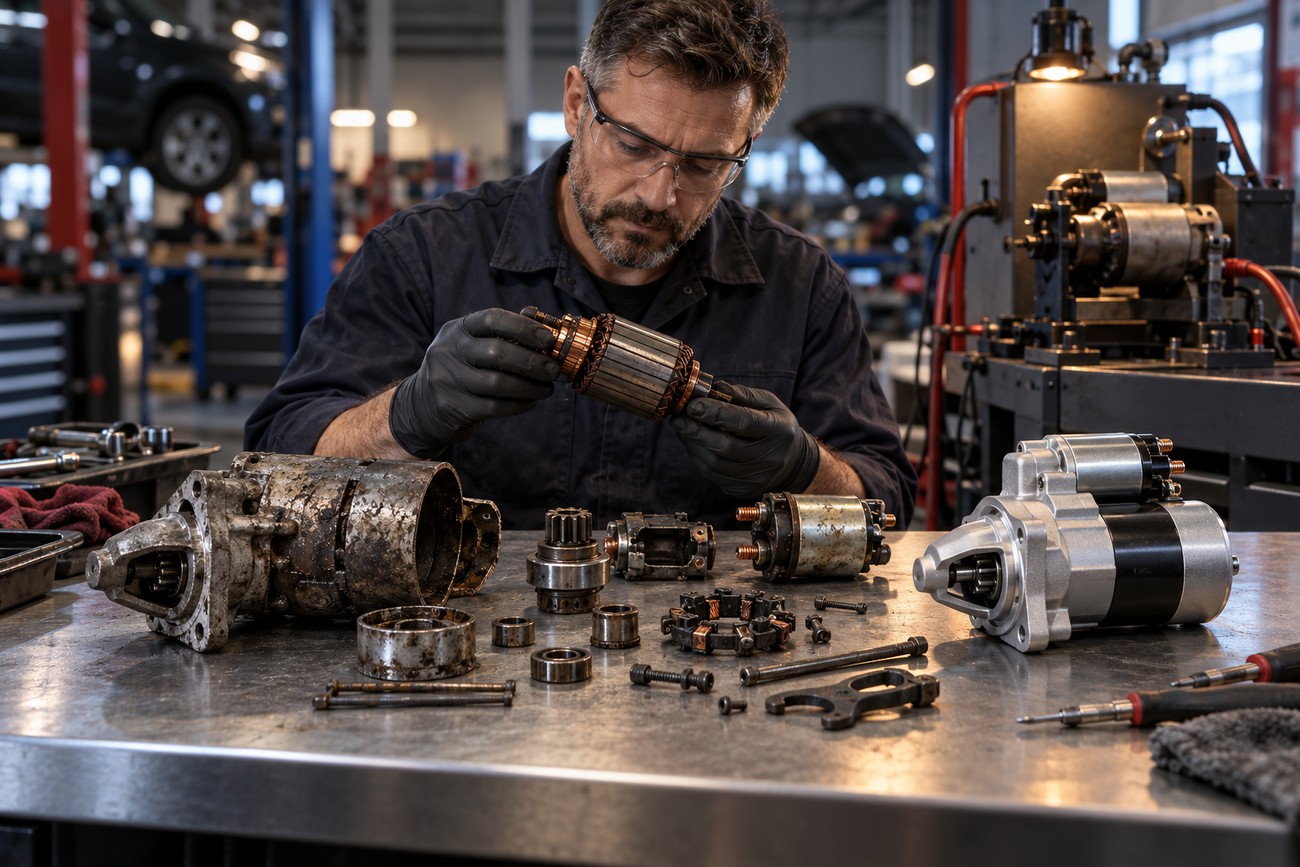 Mechanic in safety glasses inspecting the armature of a disassembled starter motor at a workbench in an auto repair shop