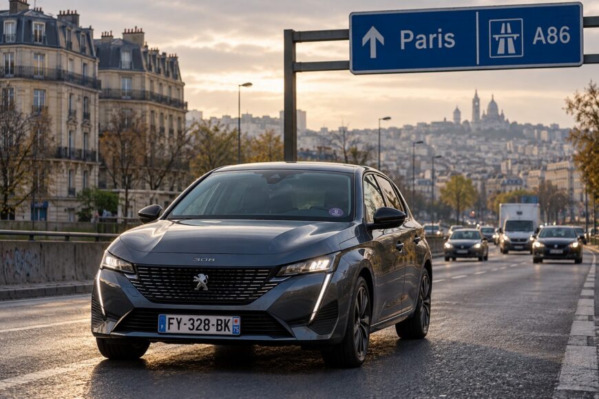 A modern dark grey diesel Peugeot 308 driving on a multi-lane highway with road signs pointing towards Paris and the city skyline in the background