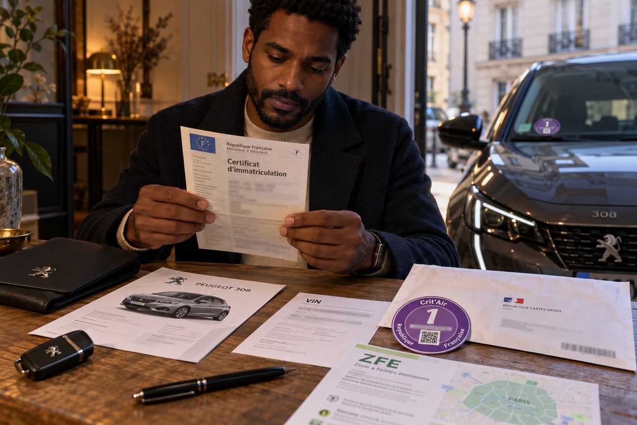 A man sitting at a wooden table looking at French car registration documents with a Peugeot 308 visible in the background