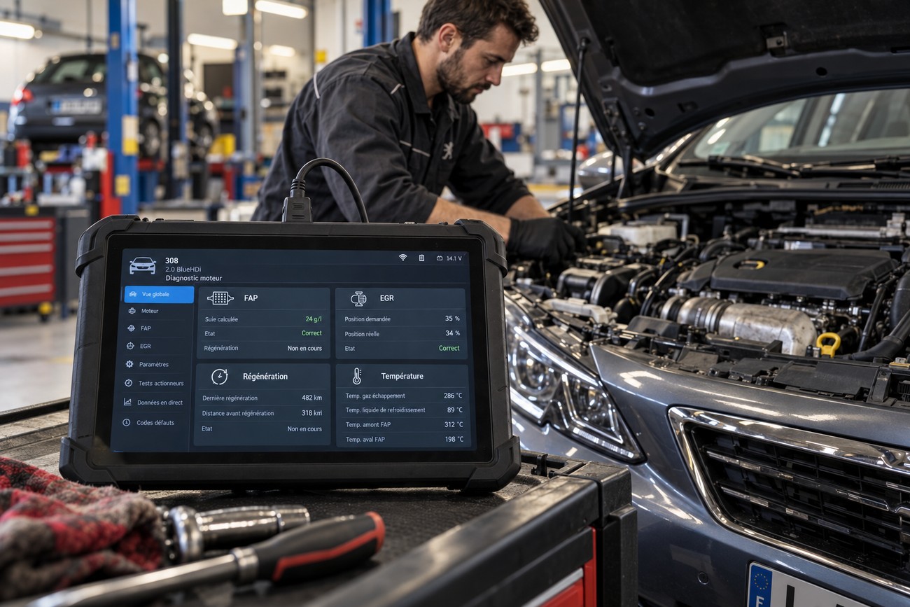 A mechanic inspecting a diesel Peugeot 308 engine in a workshop with a diagnostic tablet in the foreground
