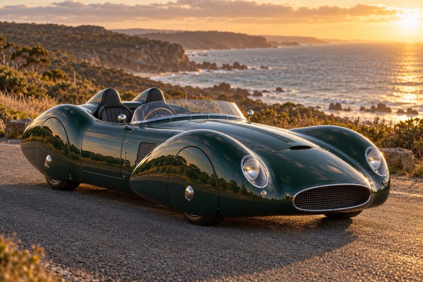 Dark green Elfin MS8 Streamliner sports car parked on a coastal road overlooking the ocean at sunset