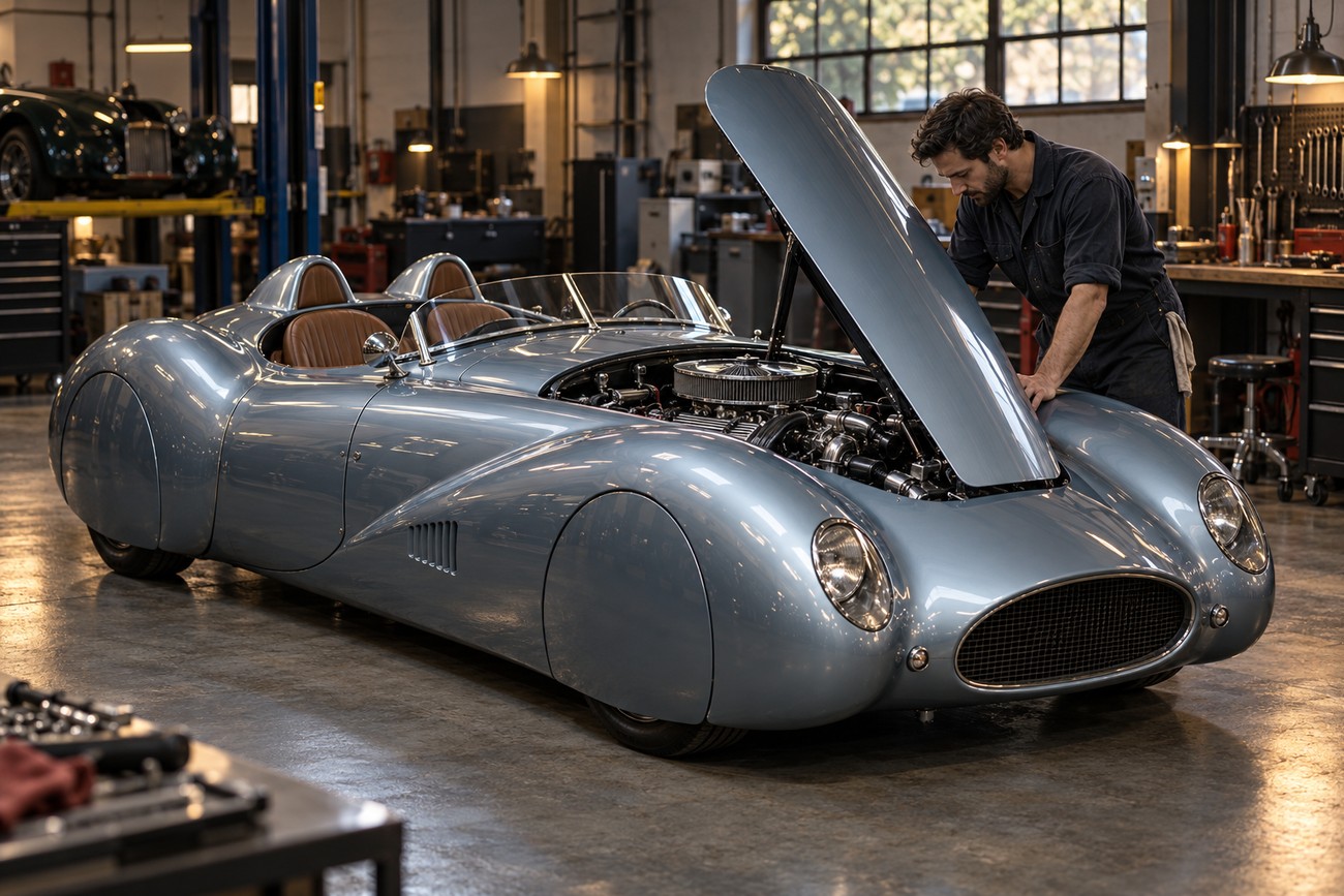 A mechanic in overalls inspects the open engine bay of a rare silver Elfin MS8 Streamliner sports car inside a vintage workshop