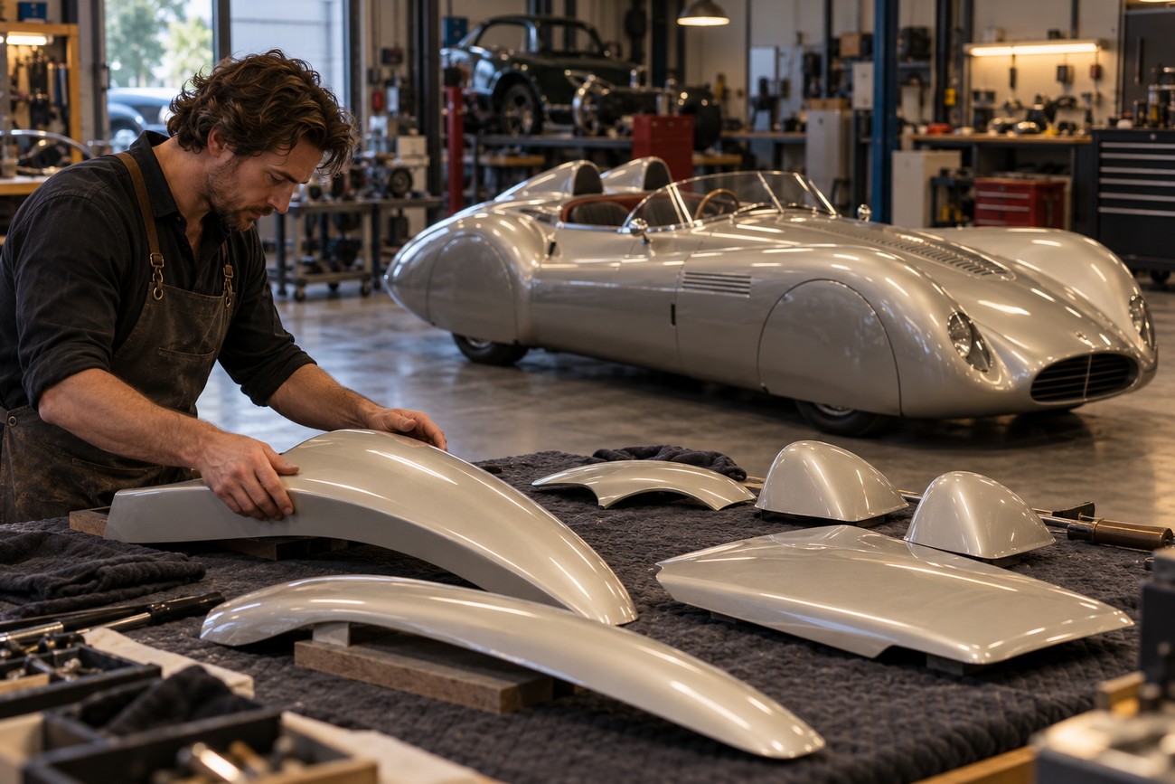 A craftsman working on silver body panels for an Elfin MS8 Streamliner in a workshop