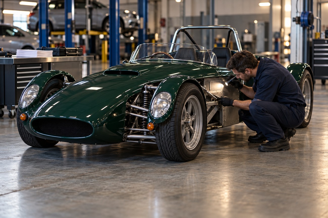 A mechanic in overalls inspects the side panel of a dark green Elfin MS8 Streamliner sports car with a flashlight in a workshop