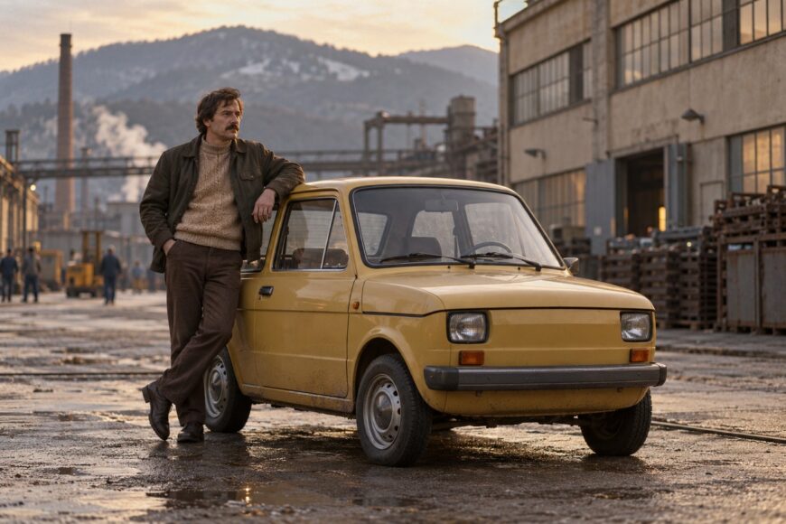 A man with a mustache leaning against a yellow Polski Fiat 126p parked outside an industrial building