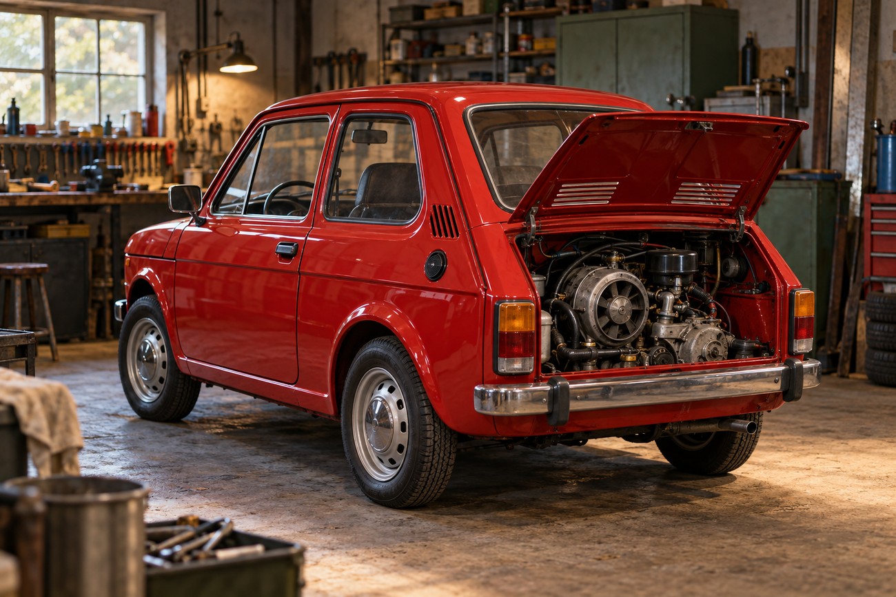 Classic red Polski Fiat 126p parked in a vintage garage with its rear engine bay open