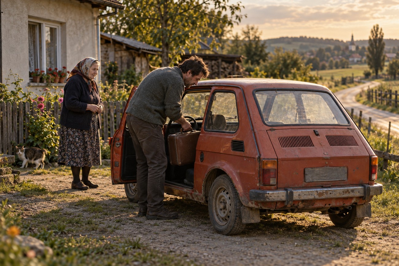 A man loads a suitcase into the back of a red Polski Fiat 126p parked outside a rural cottage while an elderly woman watches