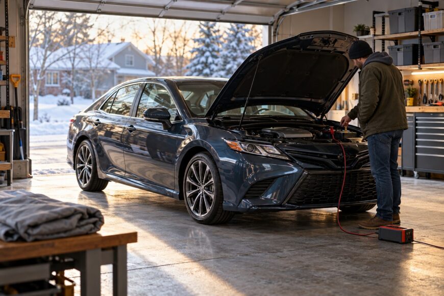 A man in a beanie and jacket connects jumper cables to a car battery with the hood open inside a garage