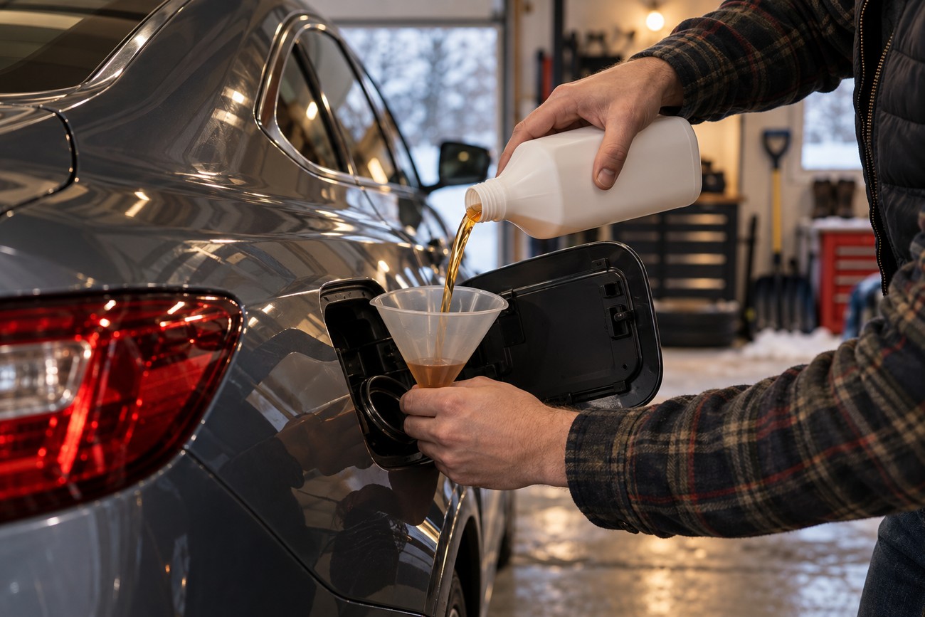 A man in a plaid shirt pouring fuel stabilizer through a funnel into a grey car gas tank in a garage