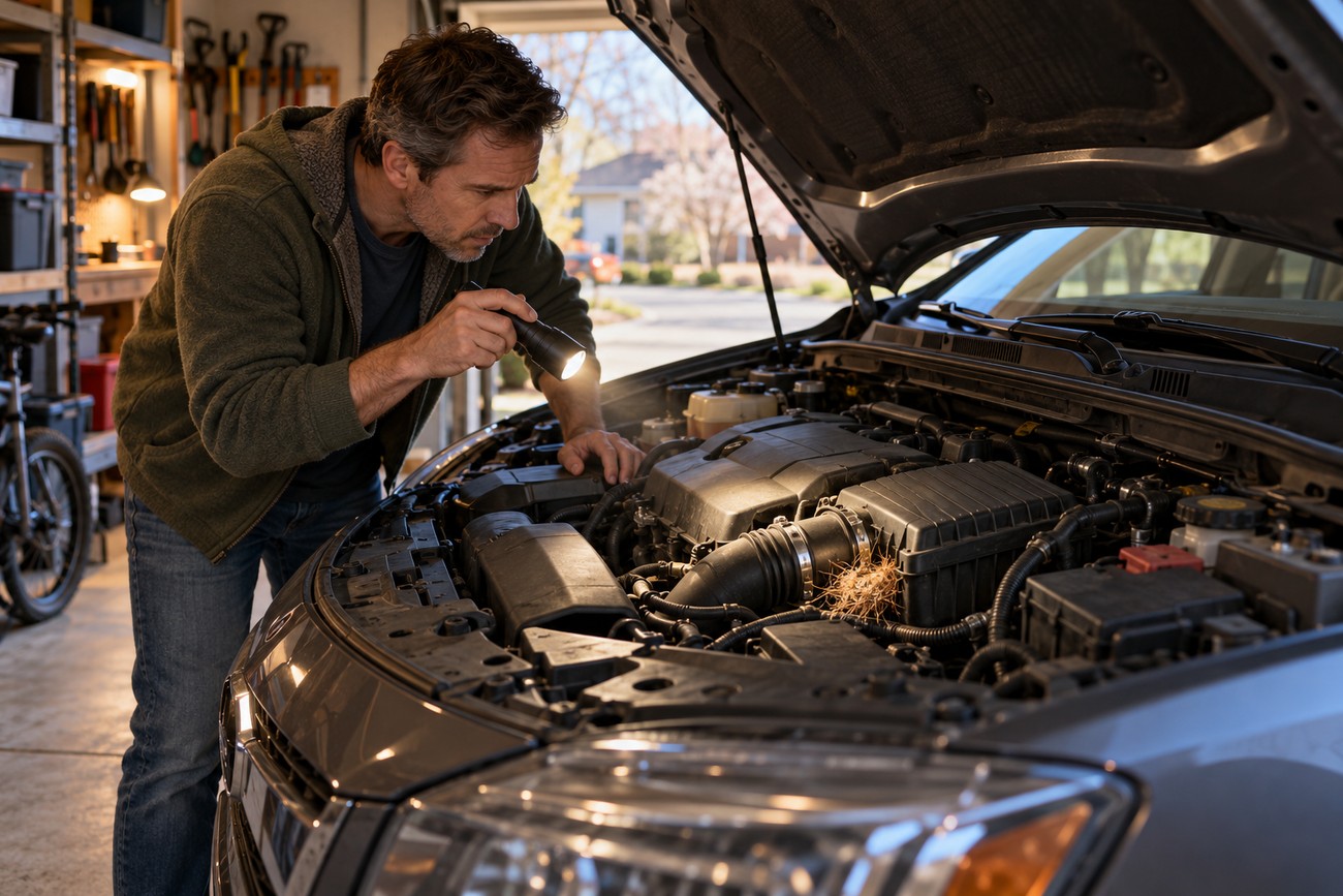 A man inspecting the engine compartment of a car with a flashlight in a garage