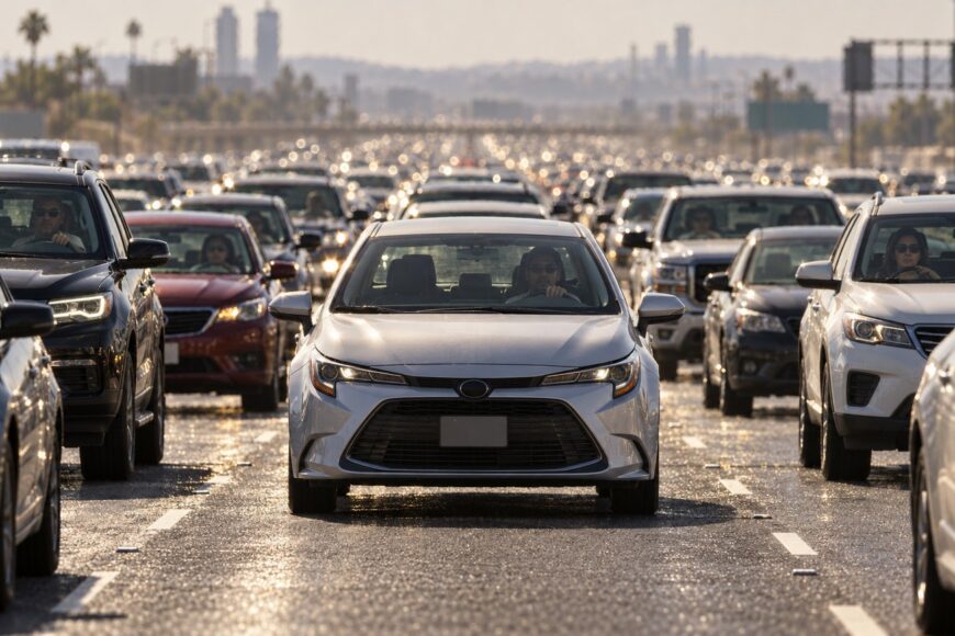 A silver Toyota Corolla driving slowly in the middle of a massive traffic jam on a busy highway filled with cars