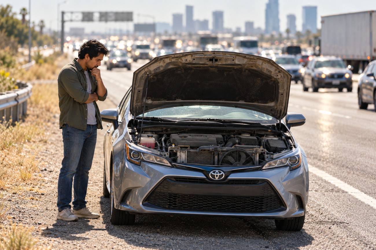 A concerned driver standing next to his silver Toyota Corolla with the hood open on a congested highway during a traffic jam