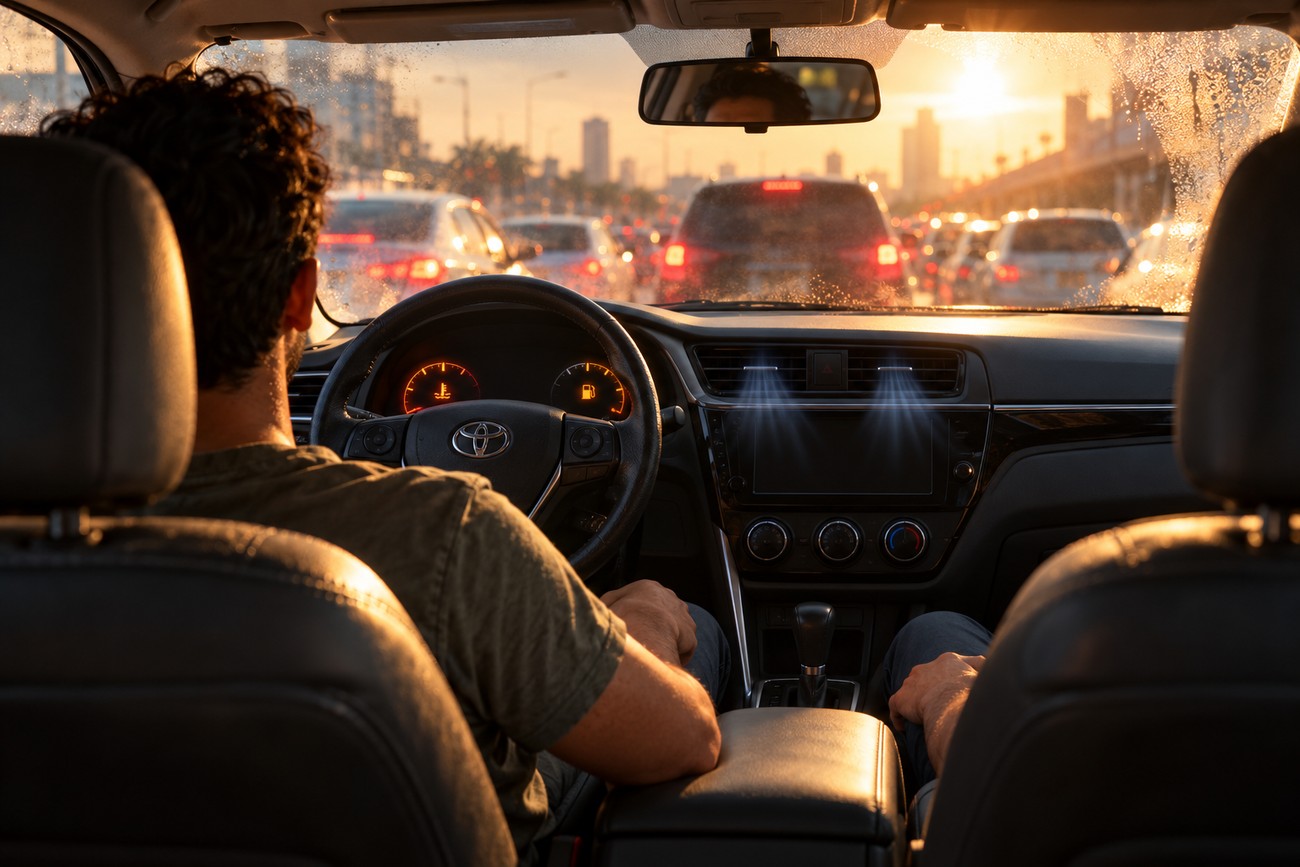 Driver sitting behind the steering wheel of a Toyota Corolla stuck in a massive highway traffic jam at sunset